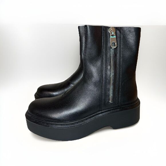 ZARA Women Chunky Black Leather Side Zip Moto Platform Boots US 6.5 EU‎ 37 NEW - Picture 1 of 12